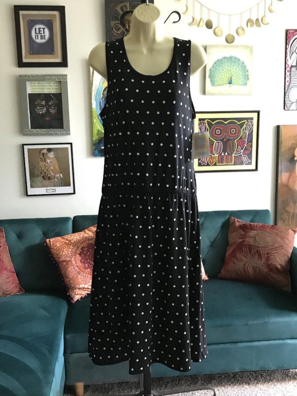 LULAROE size XL Black & White Polka Dot Stretch Scoop Neck Summer Dress NWT